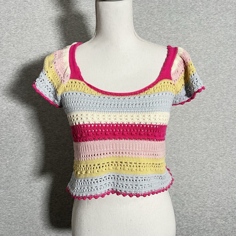Sincerely Jules‎ Crochet Sweater Top Womens Small Rainbow Crop Colorful Y2K Prep